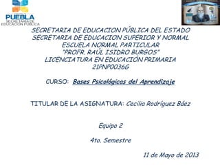 SECRETARIA DE EDUCACION PÚBLICA DEL ESTADO
SECRETARIA DE EDUCACION SUPERIOR Y NORMAL
ESCUELA NORMAL PARTICULAR
“PROFR. RAÚL ISIDRO BURGOS”
LICENCIATURA EN EDUCACIÓN PRIMARIA
21PNP0036G
CURSO: Bases Psicológicas del Aprendizaje
TITULAR DE LA ASIGNATURA: Cecilia Rodríguez Báez
Equipo 2
4to. Semestre
11 de Mayo de 2013
 