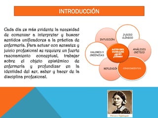 INTRODUCCIÓN
Cada día es más evidente la necesidad
de comenzar a interpretar y buscar
sentidos unificadores a la práctica de
enfermería. Para actuar con sensatez y
juicio profesional se requiere un fuerte
razonamiento conceptual, trabajar
sobre el objeto epistémico de
enfermería y profundizar en la
identidad del ser, saber y hacer de la
disciplina profesional.
INTUICIÓN
VALORES Y
CREENCIAS
JUICIO
CLÍNICO
REFLEXIÓN
ANÁLISIS
CRÍTICO
CONOCIMIENTOS
ACTO DEL
CUIDADO
¿QUÉ?
¿CÓMO?
 