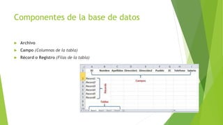 Componentes de la base de datos
 Archivo
 Campo (Columnas de la tabla)
 Récord o Registro (Filas de la tabla)
 
