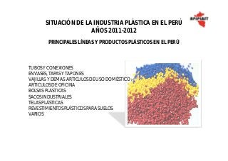 SITUACIÓN DE LA INDUSTRIA PLÁSTICA EN EL PERÚ
AÑOS 2011-2012
PRINCIPALES LÍNEAS Y PRODUCTOS PLÁSTICOS EN EL PERÚ
TUBOSY CONEXIONES
ENVASES,TAPAS Y TAPONES
VAJILLASY DEMAS ARTICULOSDE USO DOMÉSTICO
ARTICULOSDE OFICINA
BOLSASPLASTICAS
SACOSINDUSTRIALES
TELASPLÁSTICAS
REVESTIMIENTOSPLÁSTICOSPARA SUELOS
VARIOS
 