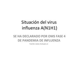 Situación del virus  influenza A(N1H1) SE HA DECLARADO POR OMS FASE 4 DE PANDEMIA DE INFLUENZA Fuente: www.msal.gov.ar  