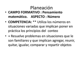 Planeación
• CAMPO FORMATIVO : Pensamiento
  matemático. ASPECTO : Número
• COMPETENCIA: ** Utiliza los números en
  situaciones variadas que implican poner en
  práctica los principios del conteo
• + Resuelve problemas en situaciones que le
  son familiares y que implican agregar, reunir,
  quitar, igualar, comparar y repartir objetos
 