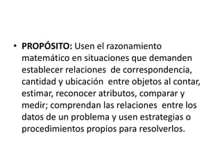 • PROPÓSITO: Usen el razonamiento
  matemático en situaciones que demanden
  establecer relaciones de correspondencia,
  cantidad y ubicación entre objetos al contar,
  estimar, reconocer atributos, comparar y
  medir; comprendan las relaciones entre los
  datos de un problema y usen estrategias o
  procedimientos propios para resolverlos.
 