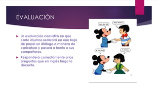 EVALUACIÓN
 La evaluación consistirá en que
cada alumno realizará en una hoja
de papel un diálogo a manera de
caricatura y pasará a leerlo a sus
compañeros.
 Responderá correctamente a las
preguntas que en inglés haga la
docente.
 