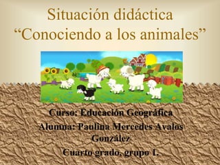 Situación didáctica
“Conociendo a los animales”
Curso: Educación Geográfica
Alumna: Paulina Mercedes Avalos
González
Cuarto grado, grupo 1.
 