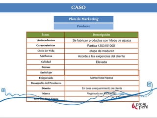 CASO
Plan de Marketing
Producto
Ítem Descripción
Antecedentes Se fabrican productos con hilado de alpaca
Características Partida 4303101000
Ciclo de Vida etapa de madurez
Atributos Acorde a las exigencias del cliente
Calidad Elevada
Envase
Embalaje
Etiquetado Marca Natal Alpaca
Desarrollo del Producto
Diseño En base a requerimiento de cliente
Marca Registrado en INDECOPI
Servicio Post Venta
 