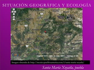 SITUACIÓN GEOGRÁFICA Y ECOLOGÍA




   Imagen obtenida de http://mexico.pueblosamerica.com/i/santa-maria-xoyatla/

                                  Santa María Xoyatla, puebla
 