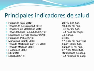 Principales indicadores de salud 
 Población Total 2012: 29’797,694 hab. 
 Tasa Bruta de Natalidad 2010: 19.4 por mil hab. 
 Tasa Buta de Mortalidad 2010: 5.5 por mil hab. 
 Tasa Global de Fecundidad 2010: 2.4 hijos por mujer 
 Esperanza de vida al nacer 2010: 74.1 años. 
 Población Pobre 2010: 31.3% 
 Mortalidad Infantil 2008: 17.1 por mil nac vivos 
 Tasa de Morbilidad por TBC 2009: 8 por 100 mil hab. 
 Tasa de Médicos 2009: 8.2 por 10 mil hab. 
 Hospitales 2009: 0.17 por 10 mil hab. 
 SIS 2010 :12 millones de aseg.. 
 EsSalud 2012: 9.1 millones de aseg. 
 