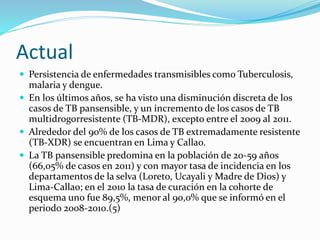 Actual 
 Persistencia de enfermedades transmisibles como Tuberculosis, 
malaria y dengue. 
 En los últimos años, se ha visto una disminución discreta de los 
casos de TB pansensible, y un incremento de los casos de TB 
multidrogorresistente (TB-MDR), excepto entre el 2009 al 2011. 
 Alrededor del 90% de los casos de TB extremadamente resistente 
(TB-XDR) se encuentran en Lima y Callao. 
 La TB pansensible predomina en la población de 20-59 años 
(66,05% de casos en 2011) y con mayor tasa de incidencia en los 
departamentos de la selva (Loreto, Ucayali y Madre de Dios) y 
Lima-Callao; en el 2010 la tasa de curación en la cohorte de 
esquema uno fue 89,5%, menor al 90,0% que se informó en el 
periodo 2008-2010.(5) 
 