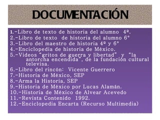 DOCUMENTACIÓN 1 .-Libro de texto de historia del alumno  4º. 2.-Libro de texto  de historia del alumno 6° 3.-Libro del maestro de historia 4º y 6° 4.-Enciclopedia de historia de México. 5.-Videos “gritos de guerra y libertad”  y  “la antorcha encendida”, de la fundación cultural televisa. 6.-Libro del rincón:  Vicente Guerrero 7.-Historia de México, SEP 8.-Arma la Historia, SEP  9.-Historia de México por Lucas Alamán. 10.-Historia de México de Alvear Acevedo 11.-Revista Contenido  1992. 12.-Enciclopedia Encarta (Recurso Multimedia) 