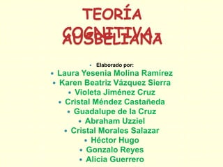 TEORÍA
  COGNITIVA-
  AUSBELIANA
            Elaborado por:
 Laura Yesenia Molina Ramírez
  Karen Beatriz Vázquez Sierra
       Violeta Jiménez Cruz
    Cristal Méndez Castañeda
       Guadalupe de la Cruz
          Abraham Uzziel
      Cristal Morales Salazar
            Héctor Hugo
          Gonzalo Reyes
          Alicia Guerrero
 