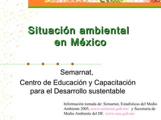 Situación ambientalSituación ambiental
en Méxicoen México
Semarnat,
Centro de Educación y Capacitación
para el Desarrollo sustentable
Información tomada de: Semarnat, Estadísticas del Medio
Ambiente 2005, www.semarnat.gob.mx/ y Secretaría de
Medio Ambiente del DF. www.sma.gob.mx
 