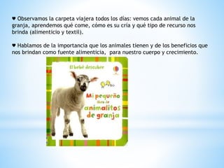 ♥ Observamos la carpeta viajera todos los días: vemos cada animal de la 
granja, aprendemos qué come, cómo es su cría y qué tipo de recurso nos 
brinda (alimenticio y textil). 
♥ Hablamos de la importancia que los animales tienen y de los beneficios que 
nos brindan como fuente alimenticia, para nuestro cuerpo y crecimiento. 
 