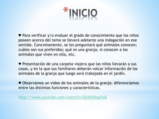 * 
♥ Para verificar y/o evaluar el grado de conocimiento que los niños 
poseen acerca del tema se llevará adelante una indagación en ese 
sentido. Concretamente, se les preguntará qué animales conocen; 
cuáles son sus preferidos; qué es una granja, si conocen a los 
animales que viven en ella, etc. 
♥ Presentación de una carpeta viajera que los niños llevarán a sus 
casas, y en la que sus familiares deberán volcar información de los 
animales de la granja que luego será trabajada en el jardín. 
♥ Observamos un video de los animales de la granja: diferenciamos 
entre las distintas funciones y características. 
http://www.youtube.com/watch?v=SU4S5DagTwE 
 