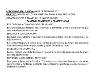 PERIODO DE REALIZACION: 09-27 DE ENERO DE 2012
OBJETIVO:CONOZCAN LOS ANIMALES MARINOS Y ALGUNAS DE SUS
CARACTERISTICAS A T...