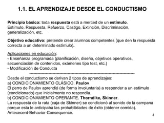 4
1.1. EL APRENDIZAJE DESDE EL CONDUCTISMO
Principio básico: toda respuesta está a merced de un estímulo.
Estímulo, Respuesta, Refuerzo, Castigo, Extinción, Discriminación,
generalización, etc.
Objetivo educativo: pretende crear alumnos competentes (que den la respuesta
correcta a un determinado estímulo).
Aplicaciones en educación:
- Enseñanza programada (planificación, diseño, objetivos operativos,
secuenciación de contenidos, exámenes tipo test, etc.)
- Modificación de Conducta
-----------------------------------------------------------------------------
Desde el conductismo se derivan 2 tipos de aprendizajes:
a) CONDICIONAMIENTO CLÁSICO. Paulov
El perro de Paulov aprendió (de forma involuntaria) a responder a un estímulo
(condicionado) que inicialmente no respondía.
b) CONDICIONAMIENTO OPERANTE. Thorndike, Skinner.
La respuesta de la rata (caja de Skinner) se condicionó al sonido de la campana
porque esta le anticipaba las probabilidades de éxito (obtener comida).
Antececent-Behavior-Consequence.
 