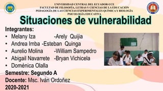 Situaciones de vulnerabilidad
UNIVERSIDAD CENTRAL DEL ECUADOR-UCE
FACULTAD DE FILOSOFÍA, LETRAS Y CIENCIAS DE LA EDUCACIÓN
PEDAGOGÍA DE LAS CIENCIAS EXPERIMENTALES QUÍMICA Y BIOLOGÍA
PSICOLOGÍA EDUCATIVA
Integrantes:
• Melany Iza -Arely Quijia
• Andrea Imba -Esteban Quinga
• Aurelio Molina -William Sampedro
• Abigail Navarrete -Bryan Vichicela
• Doménica Olalla
Semestre: Segundo A
Docente: Msc. Iván Ordoñez
2020-2021
 