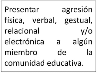 Presentar agresión 
física, verbal, gestual, 
relacional y/o 
electrónica a algún 
miembro de la 
comunidad educativa. 
 