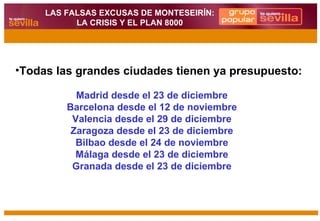 Todas las grandes ciudades tienen ya presupuesto: LAS FALSAS EXCUSAS DE MONTESEIRÍN: LA CRISIS Y EL PLAN 8000 Madrid desde el 23 de diciembre Barcelona desde el 12 de noviembre Valencia desde el 29 de diciembre Zaragoza desde el 23 de diciembre Bilbao desde el 24 de noviembre Málaga desde el 23 de diciembre Granada desde el 23 de diciembre 