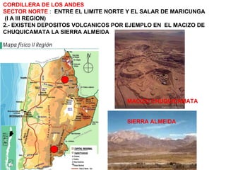 CORDILLERA DE LOS ANDES SECTOR NORTE  :  ENTRE EL LIMITE NORTE Y EL SALAR DE MARICUNGA (I A III REGION) 2.- EXISTEN DEPOSITOS VOLCANICOS POR EJEMPLO EN  EL MACIZO DE CHUQUICAMATA LA SIERRA ALMEIDA MACIZO CHUQUICAMATA SIERRA ALMEIDA 