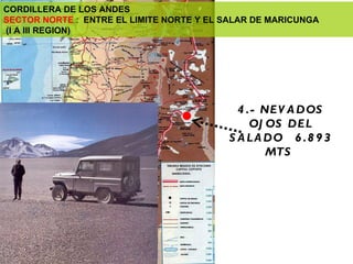 4.- NEVADOS OJOS DEL SALADO  6.893 MTS  CORDILLERA DE LOS ANDES SECTOR NORTE  :  ENTRE EL LIMITE NORTE Y EL SALAR DE MARICUNGA (I A III REGION) 
