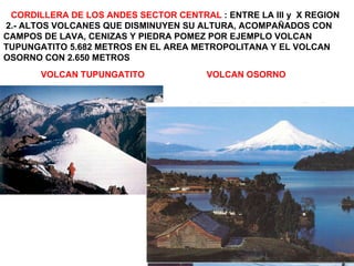 CORDILLERA DE LOS ANDES SECTOR CENTRAL  : ENTRE LA III y  X REGION 2.- ALTOS VOLCANES QUE DISMINUYEN SU ALTURA, ACOMPAÑADOS CON CAMPOS DE LAVA, CENIZAS Y PIEDRA POMEZ POR EJEMPLO VOLCAN TUPUNGATITO 5.682 METROS EN EL AREA METROPOLITANA Y EL VOLCAN OSORNO CON 2.650 METROS VOLCAN TUPUNGATITO  VOLCAN OSORNO   