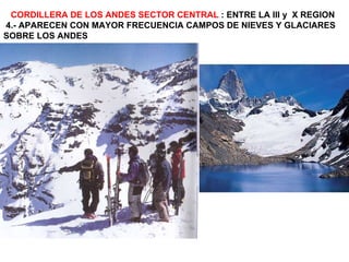 CORDILLERA DE LOS ANDES SECTOR CENTRAL  : ENTRE LA III y  X REGION 4.- APARECEN CON MAYOR FRECUENCIA CAMPOS DE NIEVES Y GLACIARES SOBRE LOS ANDES 