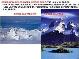 CORDILLERA DE LOS ANDES :SECTOR SUR  ENTRE LA X Y XII REGION 1.- ES UN SECTOR DE BAJA ALTURA POR EJEMPLO CERRO SAN VALENTIN CON 4.058 METROS EN LA XI REGION, TORRES DEL PAINE CON  2.670 METROS EN  LA XII REGION CERRO SAN VALENTIN  TORRES DEL PAINE 