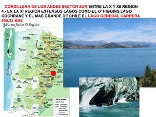 CORDILLERA DE LOS ANDES SECTOR SUR  ENTRE LA X Y XII REGION 4.- EN LA XI REGION EXTENSOS LAGOS COMO EL O”HIGGINS,LAGO COCHRANE Y EL MAS GRANDE DE CHILE EL  LAGO GENERAL CARRERA  989,38 KM2 