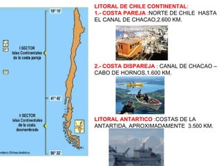 LITORAL DE CHILE CONTINENTAL : 1.- COSTA PAREJA  :NORTE DE CHILE  HASTA  EL CANAL DE CHACAO,2.600 KM. 2.- COSTA DISPAREJA  : CANAL DE CHACAO – CABO DE HORNOS,1.600 KM. LITORAL ANTARTICO  :COSTAS DE LA ANTARTIDA, APROXIMADAMENTE  3.500 KM. 