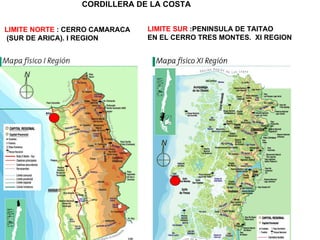 CORDILLERA DE LA COSTA LIMITE NORTE  : CERRO CAMARACA (SUR DE ARICA). I REGION LIMITE SUR  :PENINSULA DE TAITAO  EN EL CERRO TRES MONTES.  XI REGION 