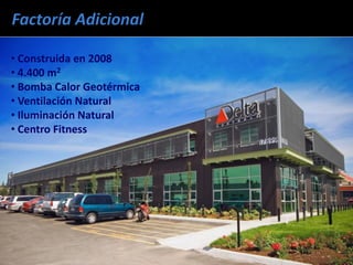 • Construida en 2008
• 4.400 m2
• Bomba Calor Geotérmica
• Ventilación Natural
• Iluminación Natural
• Centro Fitness
 