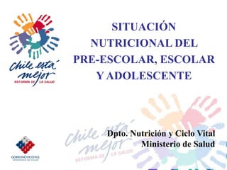 SITUACIÓN
  NUTRICIONAL DEL
PRE-ESCOLAR, ESCOLAR
   Y ADOLESCENTE




    Dpto. Nutrición y Ciclo Vital
            Ministerio de Salud
 