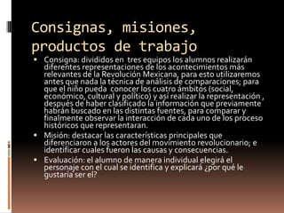 Consignas, misiones, productos de trabajo Consigna: divididos en  tres equipos los alumnos realizarán diferentes representaciones de los acontecimientos más relevantes de la Revolución Mexicana, para esto utilizaremos  antes que nada la técnica de análisis de comparaciones; para que el niño pueda  conocer los cuatro ámbitos (social, económico, cultural y político) y así realizar la representación , después de haber clasificado la información que previamente habrán buscado en las distintas fuentes, para comparar y finalmente observar la interacción de cada uno de los proceso históricos que representaran.Misión: destacar las características principales que diferenciaron a los actores del movimiento revolucionario; e identificar cuales fueron las causas y consecuencias.Evaluación: el alumno de manera individual elegirá el personaje con el cual se identifica y explicará ¿por qué le gustaría ser el?