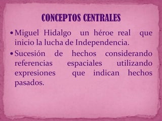 CONCEPTOS CENTRALES
 Miguel Hidalgo

un héroe real que
inicio la lucha de Independencia.
 Sucesión de hechos considerando
referencias
espaciales
utilizando
expresiones
que indican hechos
pasados.

 