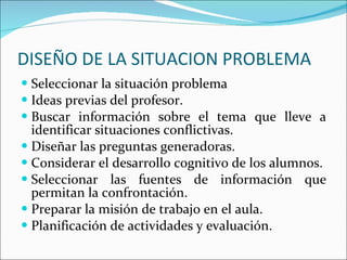 DISEÑO DE LA SITUACION PROBLEMA Seleccionar la situación problema Ideas previas del profesor. Buscar información sobre el tema que lleve a identificar situaciones conflictivas. Diseñar las preguntas generadoras.  Considerar el desarrollo cognitivo de los alumnos. Seleccionar las fuentes de información que permitan la confrontación. Preparar la misión de trabajo en el aula.  Planificación de actividades y evaluación. 