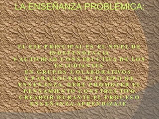 LA ENSEÑANZA PROBLÉMICA: EL EJE PRINCIPAL ES EL NIVEL DE INDEPENDENCIA Y ACTIVIDAD CONSTRUCTIVA DE LOS ESTUDIANTES EN GRUPOS COLABORATIVOS. Y PARA LOGRAR ESTE TIPO DE ENSEÑANZA, DEBE PROMOVER EL PENSAMIENTO CONSTRUCTIVO CREADOR DURANTE EL PROCESO ENSEÑANZA-APRENDIZAJE.