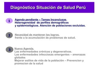 Diagnóstico Situación de Salud Perú  1 Agenda pendiente – Tareas Inconclusas . Heterogeneidad  de perfiles demográficos y epidemiológicos. Atención de poblaciones excluidas. 2 Necesidad de mantener los logros.   frente a la acumulación de problemas de salud. 3 Nueva Agenda. Las enfermedades crónicas y degenerativas. Las enfermedades infecciosas emergentes – amenazas globales Mejorar estilos de vida de la población – Prevencion y promocion de la salud 