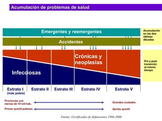 Estrato I (más pobre) Estrato II Estrato III Estrato IV Estrato V Accidentes  Emergentes y reemergentes Acumulación  en las dos últimas décadas Pre y post transición al mismo tiempo Grandes ciudades Provincias con menos de 10 mil hab. Quinto quintil Primer quintil pobreza Acumulación de problemas de salud Fuente: Certificados de defunciones 1996-2000 Infecciosas Crónicas y neoplasias 