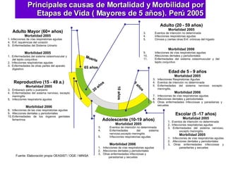 Principales causas de Mortalidad y Morbilidad por Etapas de Vida ( Mayores de 5 años). Perú 2005 Fuente: Elaboración propia OEASIST / OGE / MINSA 10 años 65 años 20 años Muerte 5 años Escolar (5 -17 años) Mortalidad 2005 1.  Eventos de intención no determinada 2.  Infecciones respiratorias agudas  3. Enfermedades del sistema nervioso, excepto meningitis.  Morbilidad 2005 1.  Infecciones de vías respiratorias agudas 2.  Afecciones dentales y periodontales 3.  Otras enfermedades infecciosas y parasitarias y secuelas Edad de 5 - 9 años Mortalidad 2005 Infecciones Respiratorias Agudas Eventos de intención no determinada Enfermedades del sistema nervioso excepto meningitis. Morbilidad 2006 Infecciones de vías respiratorias agudas Afecciones dentales y periodontales Otras enfermedades infecciosas y parasitarias y secuelas Adolescente (10-19 años) Mortalidad 2005 Eventos de intención no determinada Enfermedades del sistema nervioso,excepto meningitis Infecciones respiratorias agudas Morbilidad 2006 1.  Infecciones de vías respiratorias agudas 2.  Afecciones dentales y periodontales 3.  Otras enfermedades infecciosas y  parasitarias y secuelas Adulto (20 - 59 años) Mortalidad 2005 Eventos de intención no deterninada Infecciones respiratorias agudas Cirrosis y ciertas otras Enf. crónicas del hígado Morbilidad 2006 Infecciones de vías respiratorias agudas Afecciones dentales y periodontales Enfermedades del sistema osteomuscular y del tejido conjuntivo Reproductivo (15 - 49 a.) Mortalidad 2005 Embarazo parto u puerperio Enfermedades del sistema nervioso, excepto meningitis Infecciones respiratoria agudas Morbilidad 2006 Infecciones de las vías respiratorias agudas Afecciones dentales y periodontales Enfermedades de los órganos genitales femeninos Adulto Mayor (60+ años) Mortalidad 2005 1.  Infecciones de vías respiratorias   agudas Enf. isquémicas del corazón Enfermedades del Sistema Urinario Morbilidad 2005 1.  Enfermedades del sistema osteomuscular y del tejido conjuntivo 2.  Infecciones respiratorias agudas 3.  Enfermedades de otras partes del aparato digestivo 