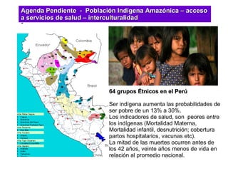 -  64 grupos Étnicos en el Perú Ser indígena aumenta las probabilidades de ser pobre de un 13% a 30%.  Los indicadores de salud, son  peores entre los indígenas (Mortalidad Materna, Mortalidad infantil, desnutrición; cobertura partos hospitalarios, vacunas etc). La mitad de las muertes ocurren antes de los 42 años, veinte años menos de vida en relación al promedio nacional. Agenda Pendiente  -  Población Indígena Amazónica – acceso a servicios de salud – interculturalidad  