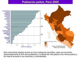 Población pobre, Perú 2005 Este instrumento clasifica al país en cinco categorías (quintiles), cada una concentra aproximadamente al 20% de la población y va desde los más pobres a los menos pobres y se mide de acuerdo a sus carencias y vulnerabilidad. Fuente: FONCODES 2006 Método de de Pobreza 