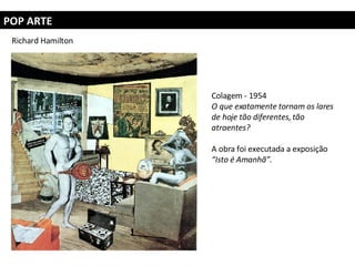 POP ARTE Richard Hamilton Colagem - 1954 O que exatamente tornam os lares de hoje tão diferentes, tão atraentes? A obra foi executada a exposição  “Isto é Amanhã”.  