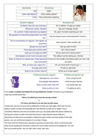 Atendendo

Answering
Alô?

Hello?

Quem está falando?
É ele.

Who's calling, please?
This is (Fernando) speaking.

Durante a ligação

During the call

Oi (Maria). Que bom que você ligou.

Oh, hi (Maria). I'm glad you called.

Recebi seu recado, obrigado.

I got your message, thanks.

Ah, que bom. Estava esperando sua ligação.
Me aguarda um momentinho/segundinho? Eu tenho
que...

Oh, good, I've been expecting your call.
Can you hang on just a moment/second? I have to...

Só um momento/Só um segundo. Tem alguém na

Just a second. I have another call.

outra linha.
Dá para me ouvir bem?

Can you hear me OK?

Posso ligar para você de volta?

Can I call you back?

Quer que eu te ligue de volta?

Do you want me to call you back?

Essa ligação vai sair muito cara para você.

This calling must be costing you a fortune.

Estou no meio de um negócio aqui. Posso ligar para I'm kind of in the middle of something right now. Can I call
você mais tarde?
Olha, eu tenho que ir agora. Eu...

you back?
Oh, you know what? I have to go. I...

Eu já ligo para você.
Qual é o seu número mesmo?

I'll call you right back.
What's your number again?

Problemas durante a ligação

Problems during the call

Desculpe-me, caiu a linha.

Sorry, we got cut off.

Essa ligação está péssima.

I think we got a bad line.

Estou ouvindo você muito mal.
Estou ouvindo um eco.

I can barely hear you.
I'm getting an echo.

If you made a mistake and dialed the wrong telephone number, the person you're talking to
might say something like this:
- Sorry, I'm afraid you have the wrong number
or
- I'm sorry, but there is no one here by that name.
In that case, just say I'm sorry and try dialing the number you want again. Don't ask if you've
dialed a certain number and especially don't ask WHICH number you've dialed. This is
considered offensive and even provocative since you can easily obtain the person address by
having just a phone number (and robe the house or make obscene phone calls etc.).
Assuming now that you've succeeded in dialing the right number and have spoken to the right
person, you can end the conversation in a number of ways.
The most common thing to say is bye-bye or just bye (not good-bye, which is commonly used
when you're speaking to someone in person but sound rather abrupt on the telephone). You can
then say something like: see you later; take it easy; take care...

 