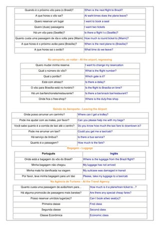 Quando é o próximo vôo para (o Brasil)?

When is the next flight to Brazil?

A que horas o vôo sai?

At waht times does the plane leave?

Quero reservar um lugar

I want to book a seat

Quero (duas) passagens

I want two tickets

Há um vôo para (Seattle)?

Is there a flight t o (Seattle)?

Quanto custa uma passagem de ida e volta para (Miami) How much is round ticket to (Miami)?
A que horas é o próximo avião para (Brasília)?

When is the next plane to (Brasília)?

A que horas sai o avião?

What time do we leave?

No aeroporto, ao voltar - At the airport, regressing
Quero mudar minha reserva

I want to change my reservation

Qual o número do vôo?

What is the flight number?

Qual o portão?

Which gate is it?

Está com atraso?

Is there a delay?

O vôo para Brasília está no horário?

Is the flight to Brasília on time?

Há um bar/lanchonete/restaurante?

Is there a bar/snack bar/restaurant?

Onde fica o free-shop?

Where is the duty-free shop

Saindo do Aeroporto - Leaving the Airport
Onde posso arrumar um carrinho?

Where can I get a trolley?

Pode me ajudar com as malas, por favor?
Você sabe quanto é a corrida de taxi até o centro?
Pode me arrumar um taxi?

Can you please help me with my bags?
Do you know how much the taxi fare to downtown is?
Could you get me a taxi/cab?

Há serviço de ônibus?

Is there a bus service?

Quanto é a passagem?

How much is the fare?
Bagagem - Luggage

Português
Onde está a bagagem do vôo do Brasil?
Minha bagagem não chegou
Minha mala foi danificada na viagem
Por favor, leve minha bagagem para um táxi

Inglês
Where is the lugagge from the Brazil flight?
My luggage has not arrived
My suitcase was damaged in transit
Please, take my luggage to a taxi/cab

Na Agência de Turismo - At the Travel Agency
Quanto custa uma passagem de avião/trem para...

How much is it a plane/train ticket to...?

Há alguma promocão de passagens mais baratas?

Are there any special cheap fares?

Posso reservar um/dois lugar(es)?

Can I book a/two seat(s)?

Primeira classe

First class

Segunda classe

Second class

Classe Econômica

Economic class

 