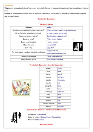 Vocabulary:
¹Abscess: A localized collection of pus in part of the body, formed by tissue disintegration and surrounded by an inflamed
area.
² Bridge: A dental plate containing artificial teeth that is secured to natural teeth; a denture anchored to teeth on either
side of missing teeth.
Esteticista - Beautician

Barbeiro - Barber
Português

Inglês

Onde tem um barbeiro bom/não muito caro?

Where is there a good/inexpensive barber

Há um barbeiro cabeleireiro no hotel?

Is there a barber at the hotel?

Posso marcar um horário?

Can I make an appointment?

Sexta às nove?

Friday at nine o'clock?

Quero cortar o cabelo

I want a haircut

Não muito curto

Not too short

Bem curto

Very short
Please, trim the

Por favor, apare a barba/o bigode/as costeletas

beard/moustache/sideburns

Deixe curto nos lados

Leave the sides short

Apare atrás/os lados

Trim the back/the sides

Vocabulário Essencial - Essential Vocabulary
aparar

to trim

atrás

back

barba

beard

barbear

to shave

bigode

moustache

cabelo

hair

comprido

long

cortar

to cut

costeletas

sideburns

curto

short

lados

sides

orelha

ear

navalha, lâmina
xampu

razor
shampoo

Cabeleireiro e Manicure - Hairdresser and Manicurist
Cabelereiro = hairdresser
Salão de beleza = Beauty Parlor / Beauty Salon
Manicure = Manicurist
Marcando horário

 