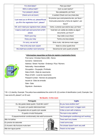For what dates?

Para que dias?

With or without bath?

Com ou sem banho?

Your passport, please

Seu passaporte, por favor

Check out is at (noon)

A saída/o Check out é ao (meio-dia)

I just need you to fill this out, please/Would
you fill in the registration form¹, please?

Só preciso que você preencha isto, por favor /
Você pode preencher a ficha de registro¹, por
favor?

OK, and I need your signature here, please

Certo, e preciso que assine aqui, por favor

I need a credit card and some form of ID²,

Você tem um cartão de crédito ou algum

please

documento, por favor?

Here's your key

Aqui está a sua chave

Enjoy your stay

Tenha uma boa estada

I'm sorry, we are full

Sinto muito, não temos mais vagas

This is the only room vacant

Este é o único quarto livre

We shall have another room tomorrow

Devemos ter outro quarto amanhã

¹ Informações requeridas na ficha de registro (registration form):
First name / Christian Name (GB) - Nome
Surname - Sobrenome
Address / Street / Number - Endereço / Rua / Número
Nationality - Nacionalidade
Occupation - Ocupação / Profissão
Date of birth - Data de nascimento
Place of birth - Local de nascimento
Passport number - Número do passaporte
Issued at - Data de emissão
Date - Data
Signature - Assinatura

² ID = (1) identity. Example: The police have established the victim's ID. (2) number of identification (card). Example: Can
I see some ID, please?; an ID card.
No Quarto - In the room
Português
Eu não gostei deste quarto. Você têm outro?
Eu quero um quarto silencioso/maior
Eu gostaria de um quarto com sacada
O quarto é muito frio/quente
O (aquecimento/ar condicionado) não está funcionando

Inglês
Do you have another one?
I want a quiet room / a bigger room
I'd like a room with a balcony
The room is too cold/hot
The (heating/air conditioning) isn't working

Não há toalhas

There aren't any towels

Eu preciso de sabonete

I need some soap

O chuveiro não funciona muito bem

The shower doesn't work very well

Não tem água quente

There's no hot water

 