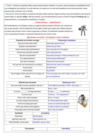 - "Toilets": Embora os grandes hotéis quase sempre tenham banheiro no quarto, ainda há pequenos estabelecimentos
com instalações comunitárias. Se você reservou um quarto em um bed and breakfast de uma casa particular, talvez
precise dividir o banheiro com a família.
- Elevadores: Entre os botões no painel do elevador podem aparecer algumas letras a que nós brasileiros não estamos
acostumados. L significa lobby (=hall de entrada), que normamelmente se situa no térreo. P significa Parking Lot, ou
estacionamento, e normalmente é localizado no subsolo.
Compromissos - Appointments
Na Grã Bretanha e nos Estados Unidos os negócios talvez pareçam informais. Ao contrário do
que muitos pensam, não há tratamento formal: you é usado para quase tudo. Muitas pessoas
se tratam pelo primeiro nome, mesmo superiores e clientes. O importante é prestar atenção em
como as pessoas lhe tratam e responder tratando-lhes do mesmo modo.
Agendando um horário - Arranging to meet a colleague
Propondo um horário ou lugar

Proposing a time/place

Que dia é bom para você?

What day's good for you?

Quando você está livre?

When are you free?

Posso marcar para (quinta-feira)?

Can I put down for (Thursday)

Vamos nos encontrar amanhã

Let's meet tomorrow

Que tal na sexta-feira?

How about (Friday)? / How's (Friday) for you?

E (a segunda-feira)?

And how about (Monday)?

Que tal um almoço?

Does lunch sound good?

Por que não nos encontramos (no lobby)?

Why don't we meet (in the lobby)?

A que horas?

At what time?

Umas (9:00)?

Say (9:00)?

Se por algum motivo não der é só me ligar (no
celular).

If for any reason you can't make it, just give me a call
(on my cell phone).

Dizendo que não pode

Saying you can't

Acho que está um pouco apertado. Que tal...?
Não posso/Não dá

That might be pushing it, I think. How about...?
Sorry, I can't

Eu tenho _______ na (segunda-feira)

I've got _______ on (Monday)

Eu tenho que...

I have to... / I'm supposed to...

Sinto muito, estou ocupado

Sorry, I'm busy

Eu estou lotado (esta semana)

I'm fully booked (this week)

Tenho mil coisas para fazer

I have my hands full right now

Tenho que checar minha agenda

I need to check my schedule

Posso ligar para você (mais tarde)?
Aceitando

Can I call you (later)?
Accepting

Está ótimo

Sounds good

está bom para mim
Ótimo/Perfeito, até lá então

That's good for me
Great/OK, see you then.

Cancelando

Cancelling

 