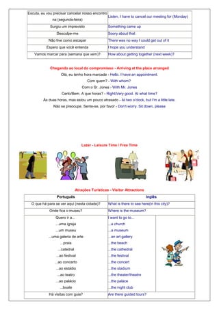 Escuta, eu vou precisar cancelar nosso encontro
na (segunda-feira)
Surgiu um imprevisto

Listen, I have to cancel our meeting for (Monday)
Something came up

Desculpe-me

Soory about that

Não tive como escapar

There was no way I could get out of it

Espero que você entenda
Vamos marcar para (semana que vem)?

I hope you understand
How about getting together (next week)?

Chegando ao local do compromisso - Arriving at the place arranged
Olá, eu tenho hora marcada - Hello. I have an appointment.
Com quem? - With whom?
Com o Sr. Jones - With Mr. Jones
Certo/Bem. A que horas? - Right/Very good. At what time?
Às duas horas, mas estou um pouco atrasado - At two o'clock, but I'm a little late.
Não se preocupe. Sente-se, por favor - Don't worry. Sit down, please

Lazer - Leisure Time / Free Time

Atrações Turísticas - Visitor Attractions
Português
O que há para se ver aqui (nesta cidade)?
Onde fica o museu?

Inglês
What is there to see here(in this city)?
Where is the museum?

Quero ir a...

I want to go to...

...uma igreja

...a church

...um museu

...a museum

...uma galeria de arte
...praia
...catedral

...an art gallery
...the beach
...the cathedral

...ao festival

...the festival

...ao concerto

...the concert

...ao estádio

...the stadium

...ao teatro
...ao palácio
...boate
Há visitas com guia?

...the theater/theatre
...the palace
...the night club
Are there guided tours?

 