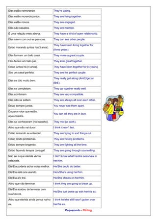 Eles estão namorando.

They're dating.

Eles estão morando juntos.

They are living together.

Eles estão noivos.

They are engaged.

Eles são casados.

They are married.

É uma relação meio aberta.

They have a kind of open relationship.

Eles saem com outras pessoas.

They can see other people.

Estão morando juntos há (3 anos).

They have been living together for
(three years).

Eles formam um belo casal.

They make a great couple.

Eles fazem um belo par.

They look great together.

Estão juntos há (4 anos).

They have been together for (4 years).

São um casal perfeito.

They are the perfect couple.

Eles se dão muito bem.

They really get along (AmE)/get on
(BrE).

Eles se completam.

They go together really well.

Eles combinam.

They are very compatible.

Eles não se soltam.

They are always all over each other.

Estão sempre juntos.

You never see them apart.

Dá para notar que estão
apaixonados.

You can tell they are in love.

Eles se conheceram (no trabalho).

They met (at work).

Acho que não vai durar.

I think it won't last.

Estão tentando se entender.

They are trying to sort things out.

Estão tendo problemas.

They are having problems.

Estão sempre brigando.

They are fighting all the time.

Estão fazendo terapia conjugal.

They are going through counselling.

Não sei o que ele/ela vê/viu

I don't know what he/she sees/saw in

nela/nele.

her/him.

Ele/Ela poderia achar coisa melhor.

He/She could do better.

Ele/Ela está o/a usando.

He's/She's using her/him.

Ele/Ela a/o trai.

He/She cheats on her/him.

Acho que vão terminar.

I think they are going to break up.

Ele/Ela acabou de terminar com
sua/seu ex.

He/She just broke up with her/his ex.

Acho que ele/ela ainda pensa na/no

I think he/she still hasn't gotten over

ex.

her/his ex.
Paquerando - Flirting

 